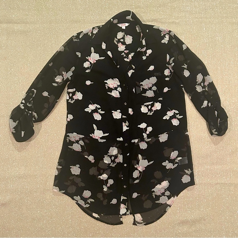 Sheer black floral button-down blouse, size S